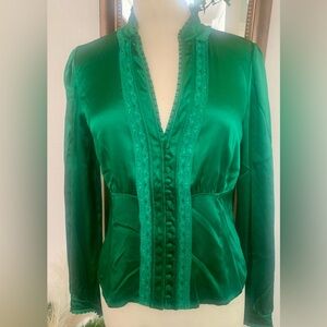 Boston Proper Emerald Green V-Neck Button Front Silk Blouse